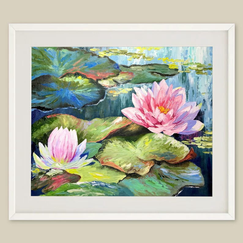 Lotus Painting Floral Art Print Pond Landscape Wall Art Water Lily ...