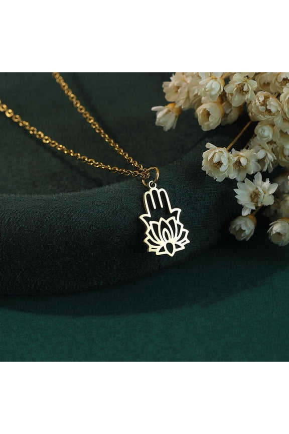 Lotus Palm Pendant Stainless Steel Women's Fashion Retro Good Luck Talisman Anniversary Gift Jewelry Gift