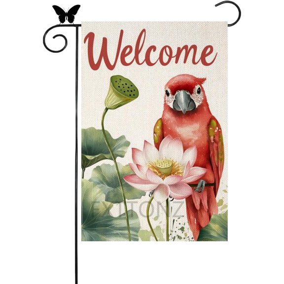 Lotus Parrot Double Sided Welcome Garden Flag 12 x 18 Inch Small Outdoor Yard Decor for Spring Summer Farmhouse Holiday