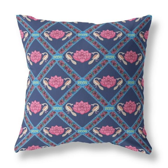 Lotus Peacock Rose Indoor/Outdoor Pillow in Indigo Pink 28x28