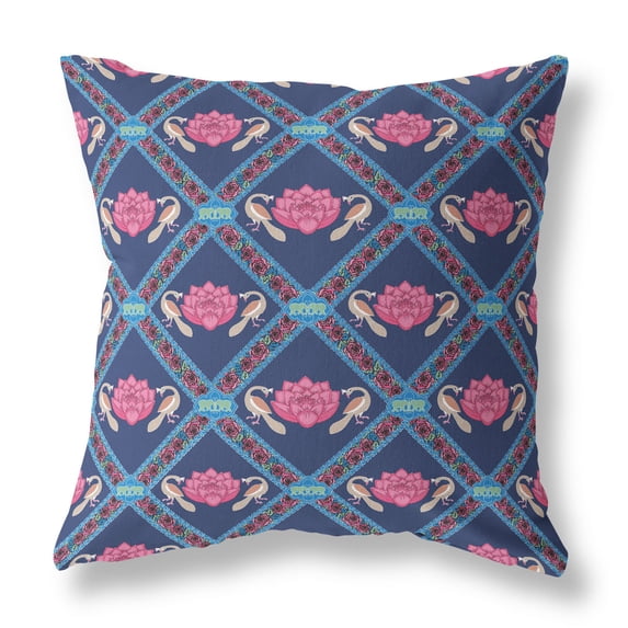 Lotus Peacock Rose Broadcloth Indoor Outdoor Zippered Pillow Indigo Pink