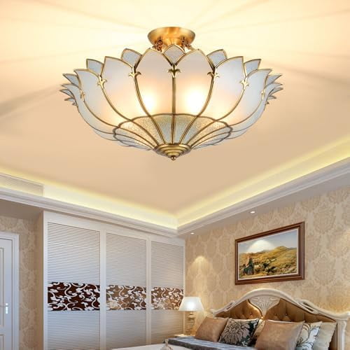 Lotus Petal Brass Chandelier, Semi-Flush Mount Ceiling Light, Vintage Glass LED Ceiling Light Fixture for Living Room Hallway Bedroom Kitchen, 4 Lights$$Tools & Hardware Other