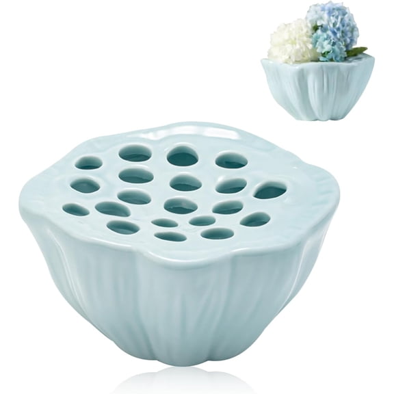 Lotus Pod Flower Arrangement Holder, Celadon Ceramic Vase with Frog, Small Pot, Chinese Tea Table Zen Flower Decor (Cyan)