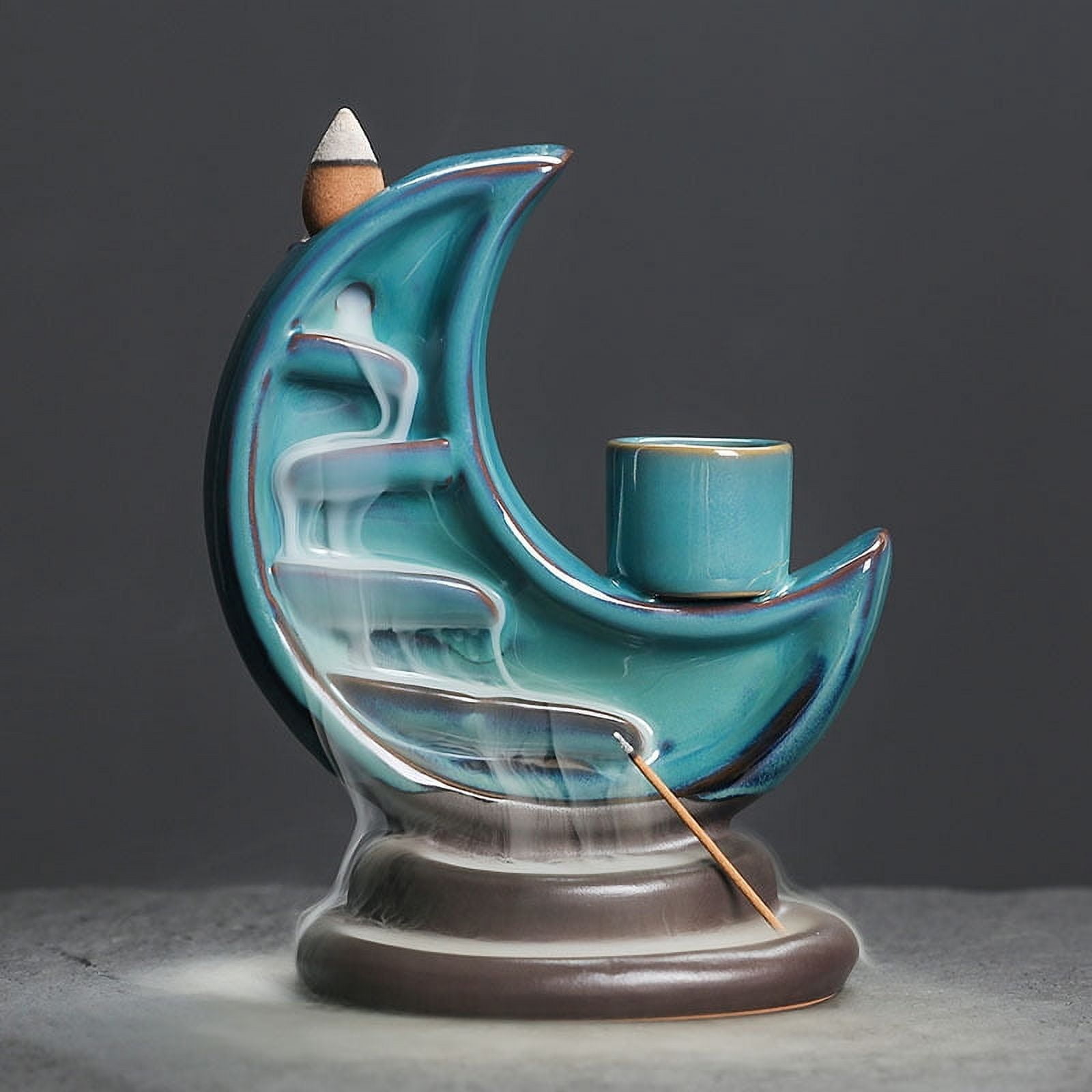 Lotus Pond Backflow Incense Burner Creative Moon-Shaped Ceramic Candle Holder Zen Incense Stick Tray Home Decoration for Yoga Meditation