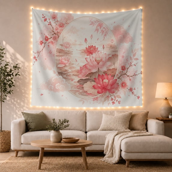 Lotus Pond with Blossom Branches, Serene Watercolor Style for Lotus Art Lovers, Floral Wall Art, Housewarming Gift, Tapestry Wall Hanging for Bedroom and Meditation Room