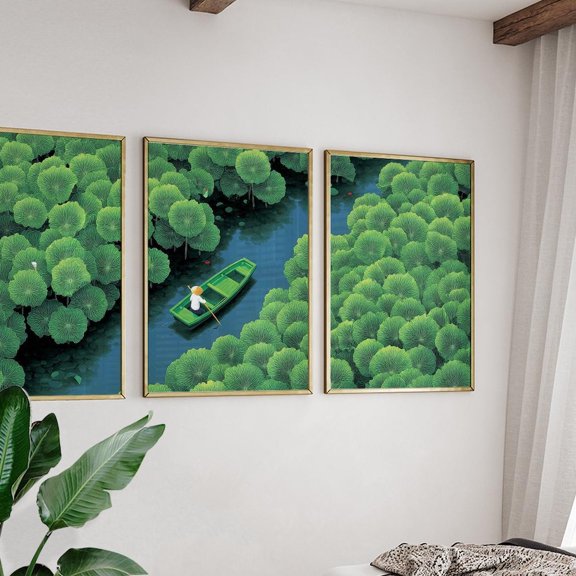 Lotus Pond Boat Poster Green Illustrative Wall Art Set 3 Unframed Paper Print 20x30