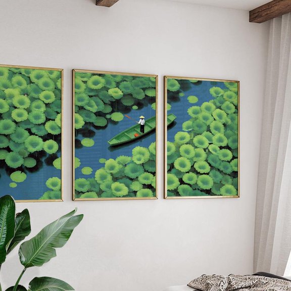 Lotus Pond Boat Poster Green Illustrative Wall Art Set 3 Unframed Paper Print 20x30