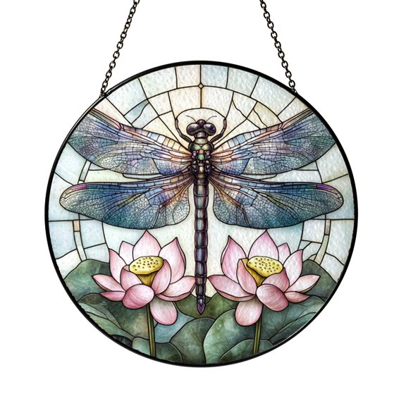 Lotus Pond Dragonfly Scene Stained Glass Effect Suncatcher, Serene Window Hanging Decor