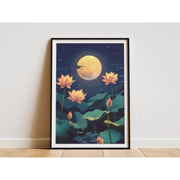 Lotus Pond Full Moon Botanical Poster Unframed Paper Print