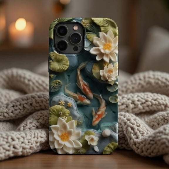 Lotus Pond Koi Fish Phone Case - Zen Nature Art Tough MagSafe Protective Cover Compatible with iPhone 17, 16, 15, 14 Pro Max