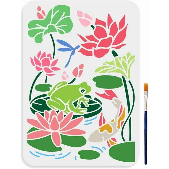 Lotus Pond Stencil 11.7×8.3inch Large Lotus Flower Koi Painting Stencil with Paint Brush Summer Dragonfly Frog Pond Scenery Template for Crafts Wood Wall Fabric Paper Furniture