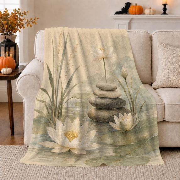 Lotus Pond with Zen Stones and Reeds, Calming Botanical Style for Lotus Lovers, Soft Spa Garden and Housewarming Gift, Soft Flannel Blanket for Bedroom and Meditation Room, Home Decor