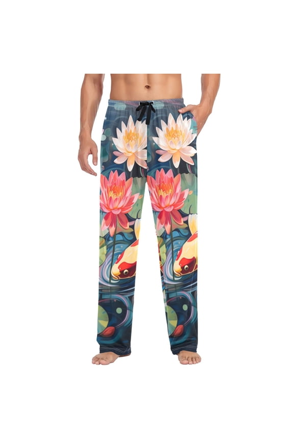 Lotus Pond and Fish Mens Cotton Pajama Pant Sleep and Lounge Bottons with Pockets