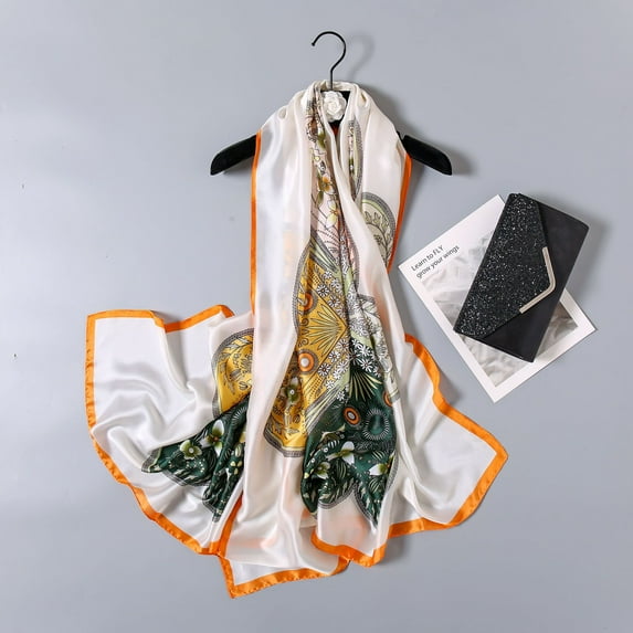 Lotus Print Satin Scarf, Elegant Sun Protection Wrap for Women, Korean Silk Feel,180*90cm,14