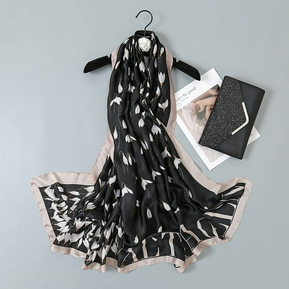 Lotus Print Satin Scarf, Elegant Sun Protection Wrap for Women, Korean Silk Feel,180*90cm,8