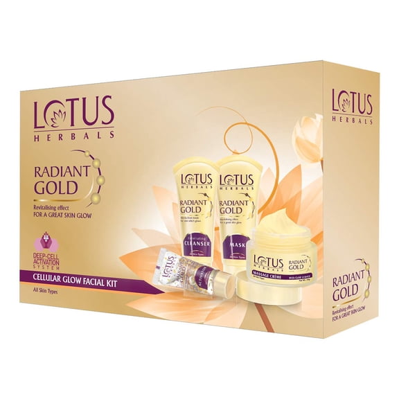 Lotus Radiant Gold Facial Kit for instant glow with 24K Pure Gold & Papaya,4 easy steps , 170g (Multiple use)