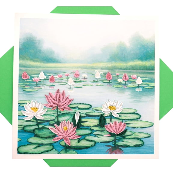 Lotus Reflections, quilling art greeting card for birthday, valentine's day, mother's day, anniversary, thank you, get well, 6" x 6"