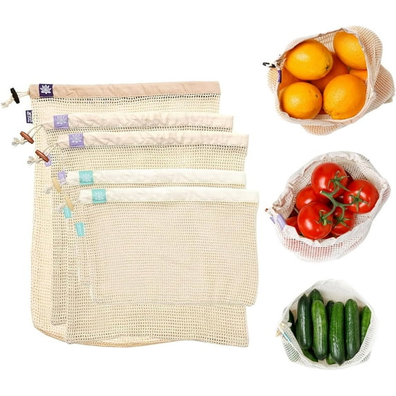 Lotus Reusable Produce Bags - Organic Cotton Washable Mesh Bag for Vegetable Storage, Eco Friendly Storage Fruit Groceries (3 Size Cloth Bags)