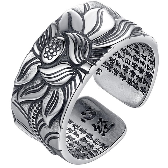Lotus Ring, Heart Sutra Ring, Mantra Ring for Men Women Buddhist Heart Sutra Ring Wealth Luck Ring Gift Adjustable Lucky Opening Rings New Year Valentine Birthday Gifts
