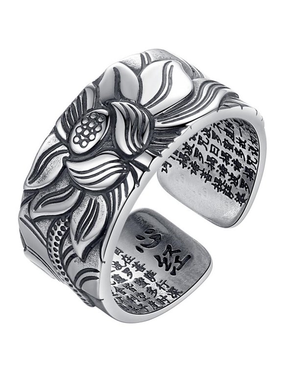 Lotus Ring, Heart Sutra Ring, Mantra Ring for Men Women Buddhist Heart Sutra Ring Wealth Luck Ring Gift Adjustable Lucky Opening Rings New Year Valentine Birthday Gifts
