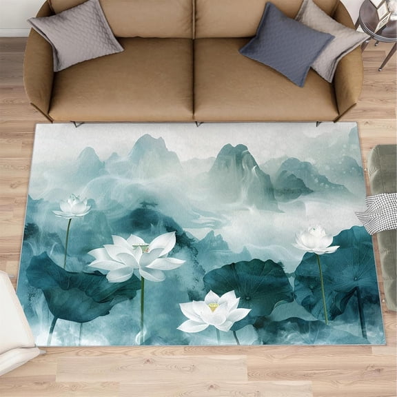Lotus Rug Ink Painting Art Rug, Chinese Style Area Rug, Washable Non Slip Soft Large Rugs, Home Decor-5' x 8'