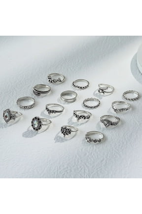 Womens Vintage Lotus Flower Ring Set Electroplated Alloy Rings with Artificial Gem and Semi Precious Stone Inlay Birthday Gift 16 Piece Combination