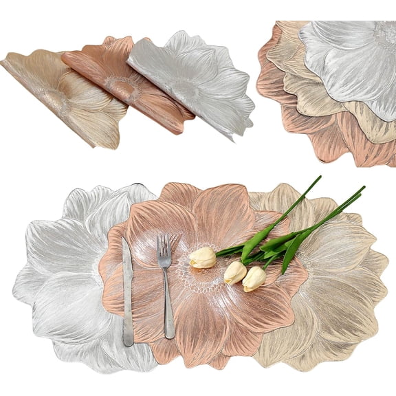 Lotus-Shaped Heat-Resistant Washable Placemat, 14.96in Washable Heat Resistant Placemats, Plastic Silicone Dining Table Place Mats Decor and Accessories (3PCS Color)