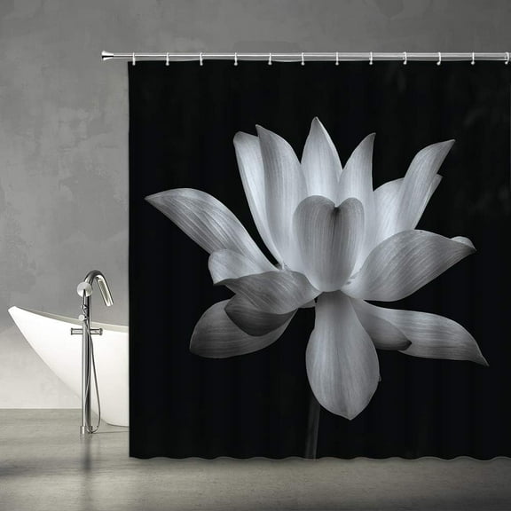 Lotus Shower Curtain Black White Flower Asian Elegant Blooming Floral Plant Nature Modern Art Bath Curtain with Hooks-72"W x 72"L (Pack of 1)