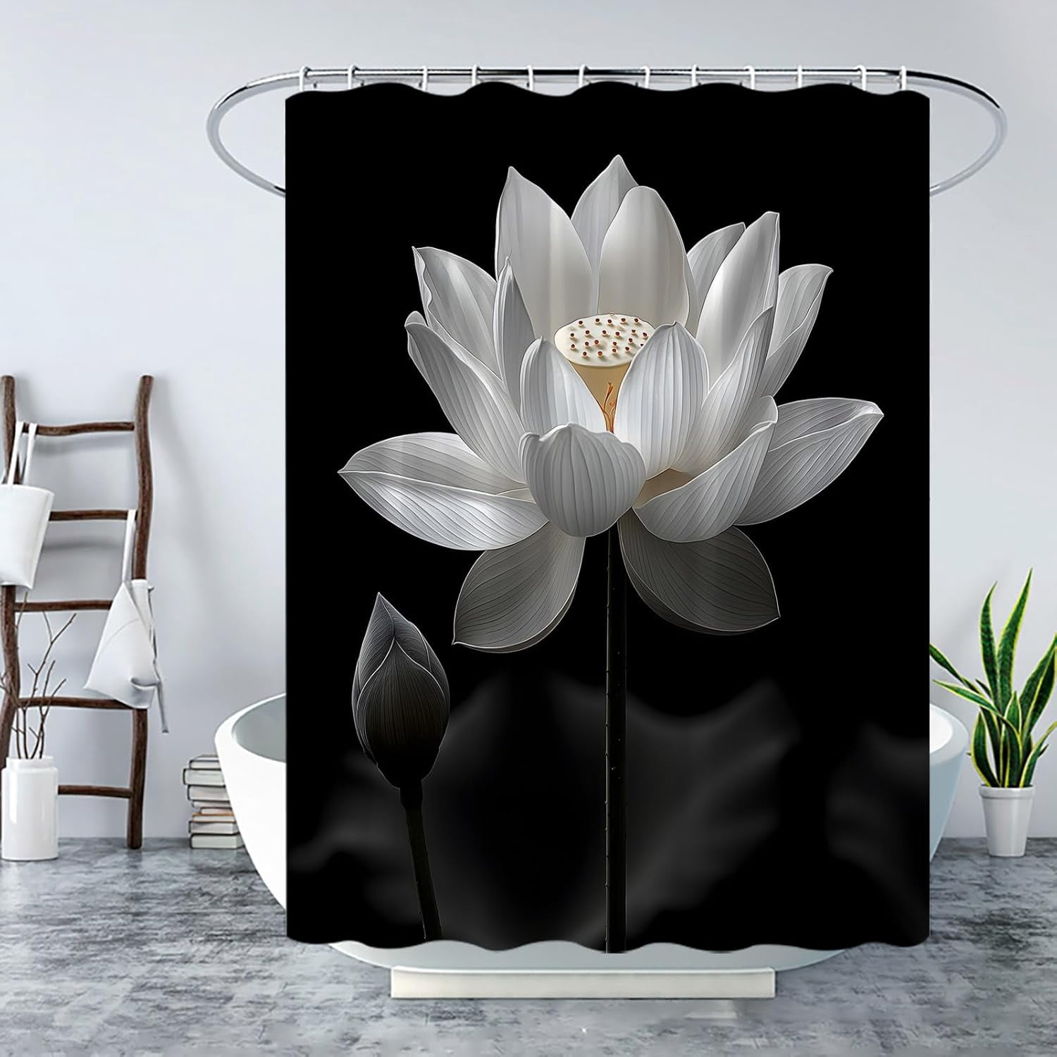 Lotus Shower Curtain - Black & White Floral Print Bathroom Decor Set With Hooks, 70x70 Inches - View #2