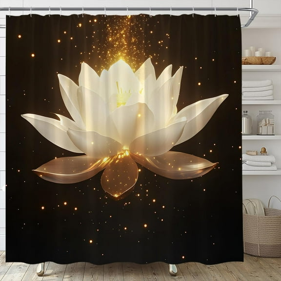 Lotus Shower Curtain Black and Gold Flower Spa Spiritual Golden Floral Fabric Bathroom Decor Set with Hooks-36"W x 72"L (Pack of 1)