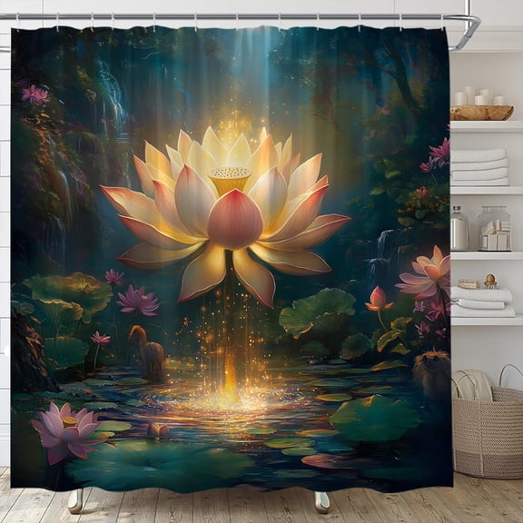 Lotus Shower Curtain Pink Flower Spa Lotus Leaf Pond Waterfall Golden Floral Art Asian Oriental Fabric Bathroom Decor Set with Hook-72"W x 96"L (Pack of 1)