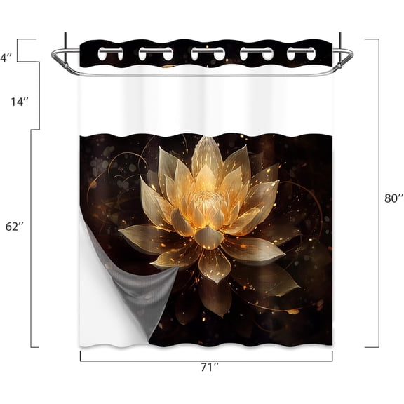 Lotus Shower Curtain with Snap in Liner, Black and Gold Spa Zen Spiritual Golden Floral No Hook Double Layer Shower Curtain and Liner Set, Waterproof Cloth Fabric, 71" W X 86" L