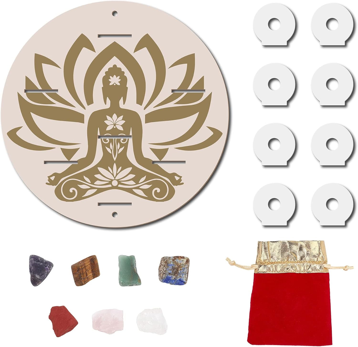 Lotus Small Shelf Display +Stones Set Buddhism Round Wooden Holder ...