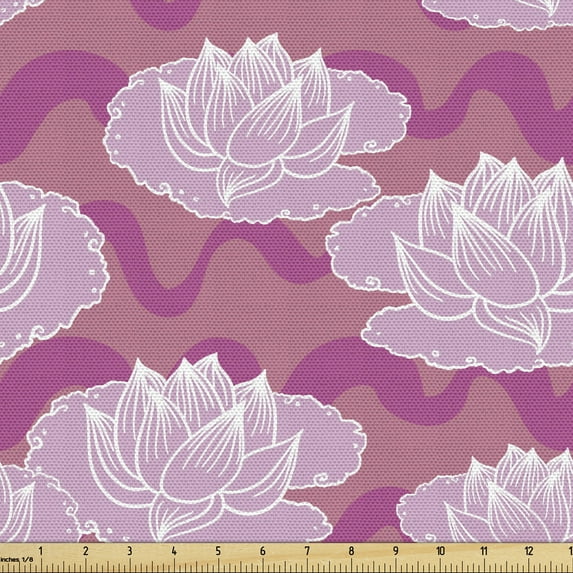 Ambesonne Lotus Fabric by the Yard Upholstery, Folklore Flowers, 3 Yards, Pink Coral Pale Pink