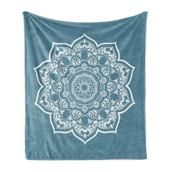 Lotus Soft Flannel Fleece Throw Blanket, Cultural Universe Floral Mandala with Lace Effects Boho Motif, Cozy Plush for Indoor and Outdoor Use, 50" x 70", Slate Blue White, by Ambesonne