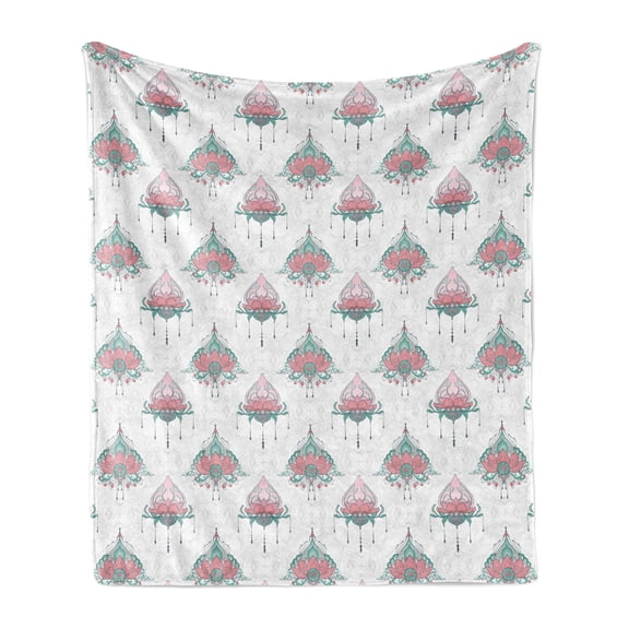 Lotus Soft Flannel Fleece Throw Blanket, Ethnic Oriental Flower Compositions Yoga Relaxation, Cozy Plush for Indoor and Outdoor Use, 50" x 60", Pink Multicolor, by Ambesonne