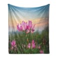 thumbnail image 1 of Lotus Soft Flannel Fleece Throw Blanket, Flower Blooming in Spring Meadow Natural Garden, Cozy Plush for Indoor and Outdoor Use, 70" x 90", Pale Pink Pale Blue, by Ambesonne, 1 of 5