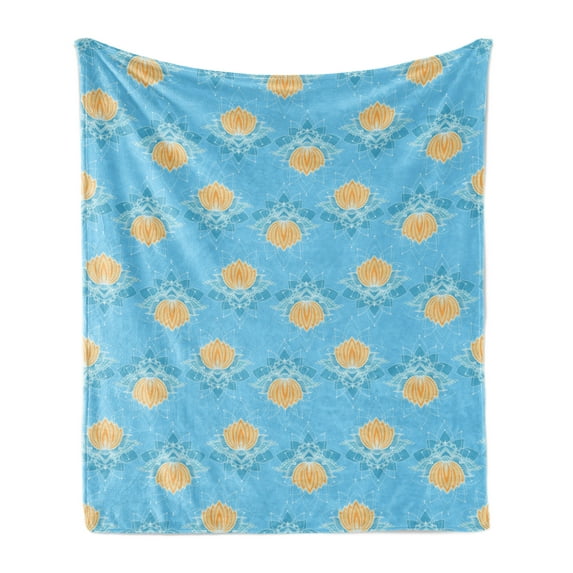 Lotus Soft Flannel Fleece Throw Blanket, Japanese Themed Blooming Floral Design with Geometric Lines and Dots, Cozy Plush for Indoor and Outdoor Use, 70" x 90", Marigold Blue White, by Ambesonne