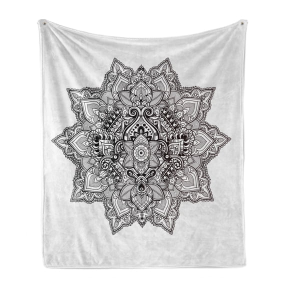 Lotus Soft Flannel Fleece Throw Blanket, Mandala with Aztec Tribal Textured Ornamental Cosmos Floral Pattern, Cozy Plush for Indoor and Outdoor Use, 70" x 90", Grey Black, by Ambesonne