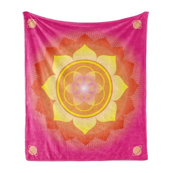 Lotus Soft Flannel Fleece Throw Blanket, Mandala with Planet Cosmos Galaxy Themed Graphic Art Print, Cozy Plush for Indoor and Outdoor Use, 50" x 60", Hot Pink Yellow Red, by Ambesonne