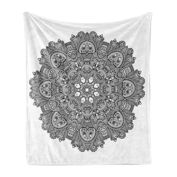 Lotus Soft Flannel Fleece Throw Blanket, Ornamental Mandala with Lace Pattern Featured Mixed Flower Petals Folk Design, Cozy Plush for Indoor and Outdoor Use, 60" x 80", Black White, by Ambesonne