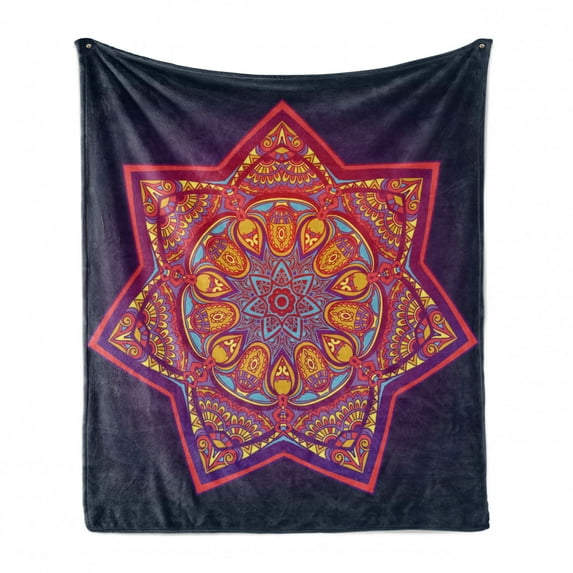 Lotus Soft Flannel Fleece Throw Blanket, Ornamental Vibrant Mandala Universe Folk Tribal Illustration Print, Cozy Plush for Indoor and Outdoor Use, 50" x 60", Multicolor, by Ambesonne