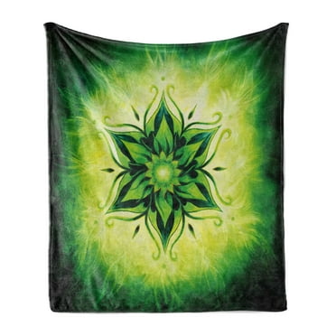 Lotus Soft Flannel Fleece Throw Blanket, Psychedelic Floral Mandala Digital Image, Cozy Plush for Indoor and Outdoor Use, 50" x 70", Emerald Lime Green, by Ambesonne
