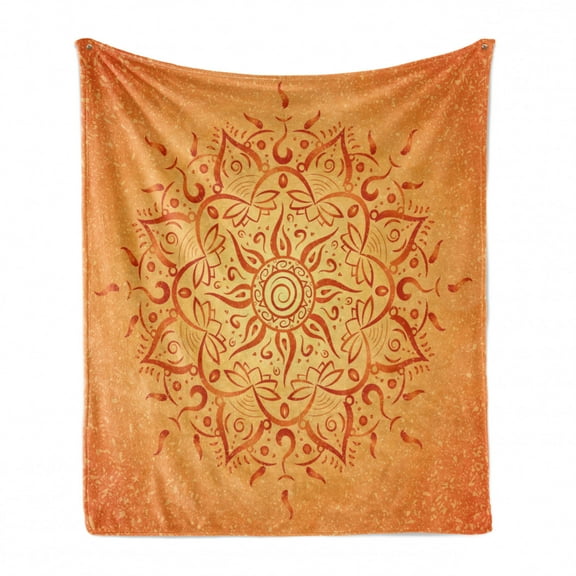 Lotus Soft Flannel Fleece Throw Blanket, Sun Pattern Ombre Effect Mandala Culture Print, Cozy Plush for Indoor and Outdoor Use, 50" x 70", Orange, by Ambesonne