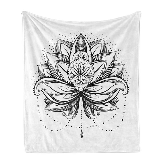 Lotus Soft Flannel Fleece Throw Blanket, Tattoo Style Petal Dots Shadow Ornamental Ethnic Monochrome Form, Cozy Plush for Indoor and Outdoor Use, 50" x 70", Seal Brown White, by Ambesonne