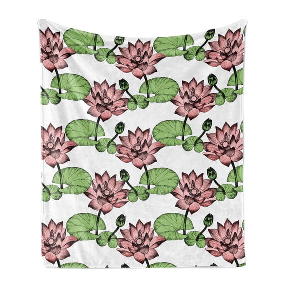 Lotus Soft Flannel Fleece Throw Blanket, Water Flower Endemic Aquatic Element on a Plain Background Print, Cozy Plush for Indoor and Outdoor Use, 50" x 60", White Rose and Green, by Ambesonne