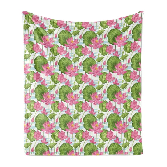 Lotus Soft Flannel Fleece Throw Blanket, Watercolor Style Nature Scene from Japan Blooming Flowers Pastoral Art, Cozy Plush for Indoor and Outdoor Use, 60" x 80", Fern Green Pale Blue, by Ambesonne
