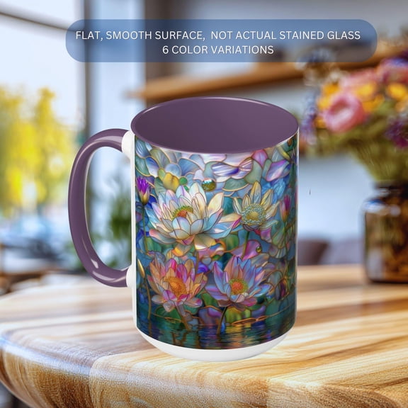Lotus Stained Glass Style Coffee Mug, Floral Tea Ceramic Cup Gift for Mom, Flower Art, Botanical Garden Gift