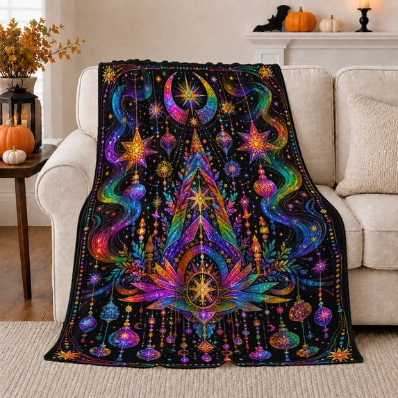 Lotus Star Altar with Crystals, Magical Celestial Style for Mystic Art Lovers, Rainbow Night Shrine and Housewarming Gift, Cozy Flannel Blanket for Bedroom and Meditation Room, Fantasy Home Decor
