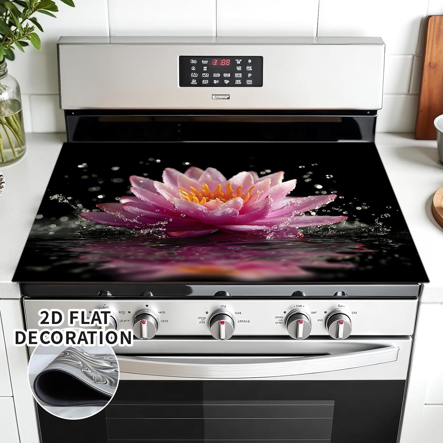 Lotus Stove Cover, Black Non Slip Kitchen Electric Stove Pad Washable 20x28inch, Heat Resist Gas Range Mat Induction Kitchen Decor Cooktop Protector Pad, 1Pc